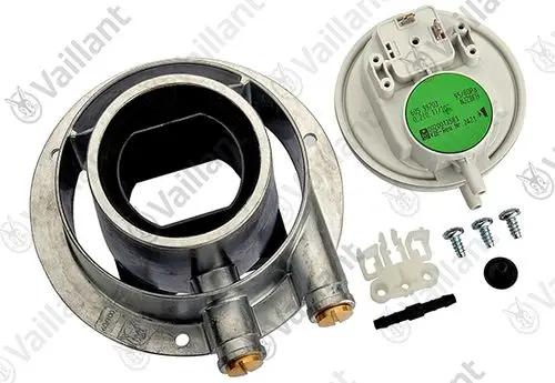 Vaillant Druckwächter mit Adapter, bestehend aus einem metallischen Gehäuse, einem Sensor und verschiedenen Befestigungsteilen.